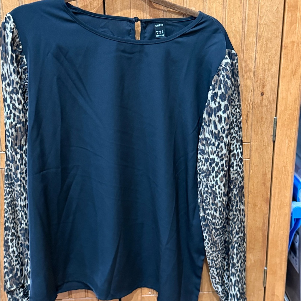 SHEIN Black Blouse with Leopard Print Sleeves